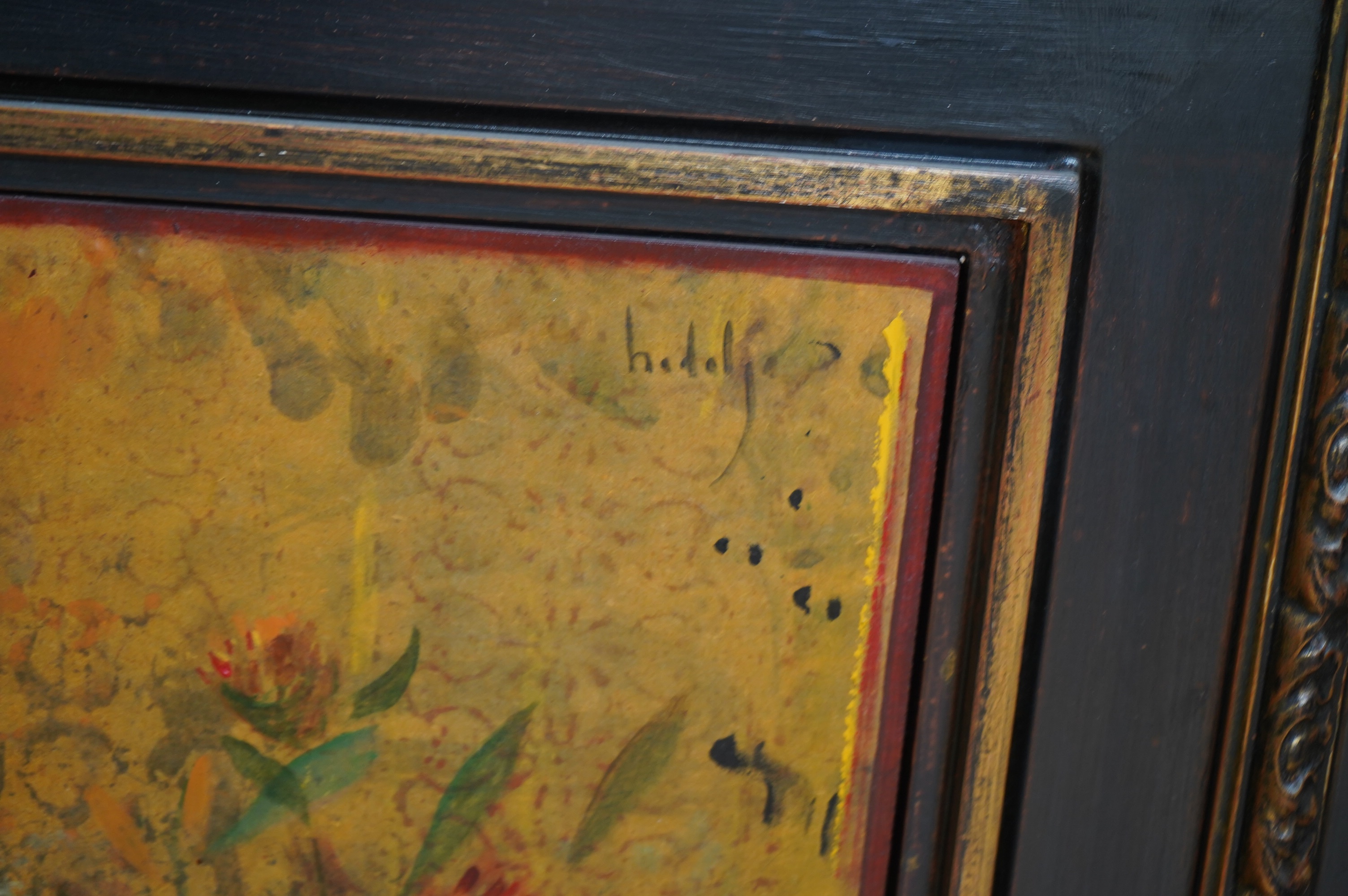 Hidalgo, Continental mixed media and oil on board, Still life of flowers and fruit, signed, inscribed verso, 53 x 34cm, housed in ebonised frame. Condition - fair to good